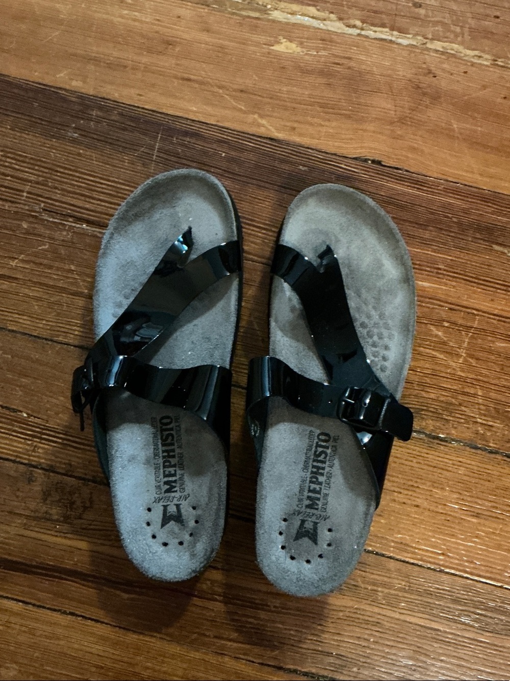 Mephisto Kids Black Patent Strap Slide Sandals